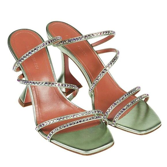 NEW AMINA MUADDI Naima Mint Green Crystal Embellished Fluted Sandals Siz… - Picture 3 of 15